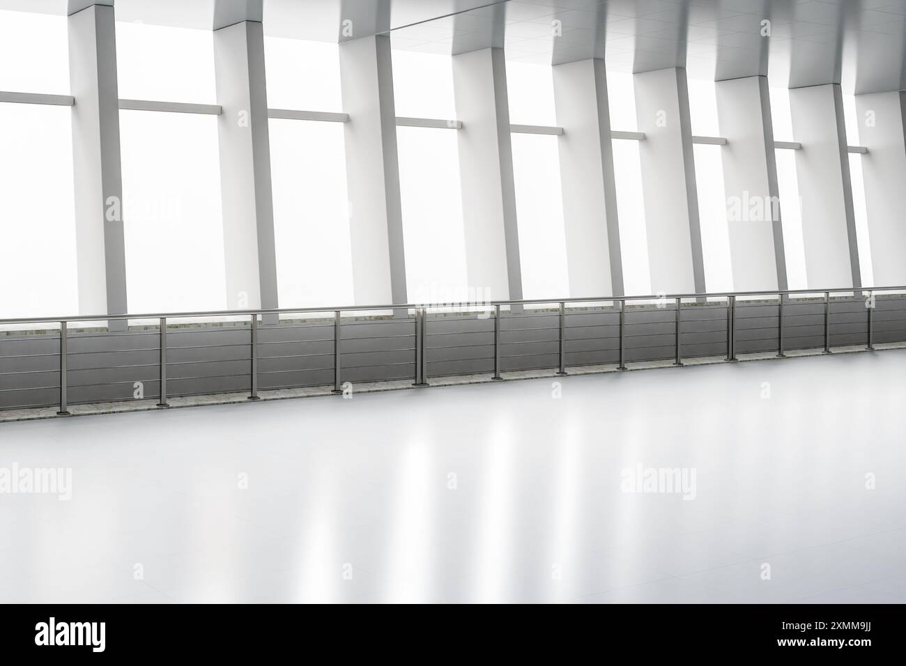 rendering 3d degli interni vuoti del passaggio dell'aeroporto con vetri per finestre Foto Stock