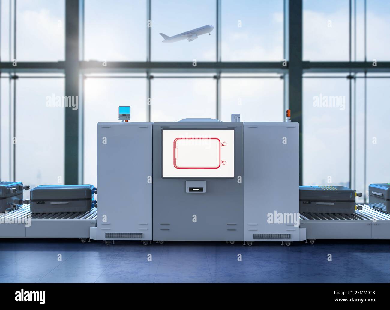 3D rendering macchina lo scanner esegue la scansione di bagagli in aeroporto Foto Stock