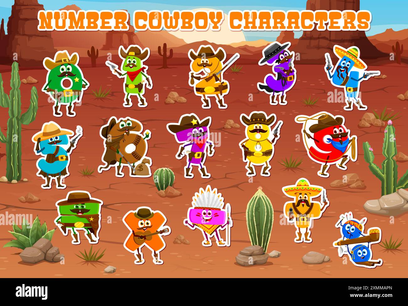 Cowboy, sceriffo e banditi, confezione di numeri matematici dei cartoni animati e personaggi. Divertenti cerchietti educativi di cifre vestite da personaggio selvaggio del West Illustrazione Vettoriale