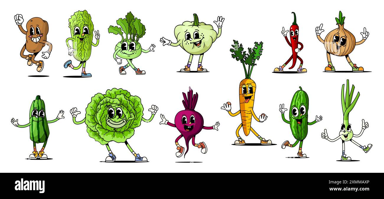 Cartoni animati personaggi vegetali retrò con volti allegri e giocosi. Patate vettoriali, cavolo, sedano, broccoli e aglio. Carota, peperoncino rosso Illustrazione Vettoriale