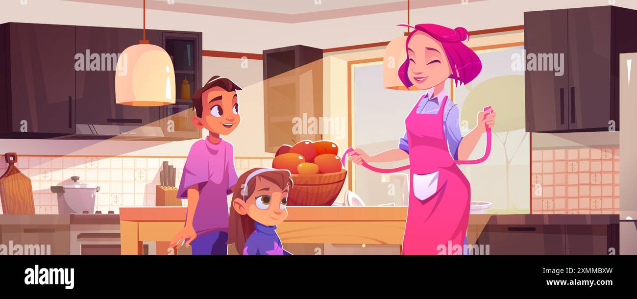 Madre e due bambini nella cucina interna della camera con mobili, attrezzature e luce dalla finestra. Una scena di famiglia felice di un vettore di cartoni animati all'interno della casa. Donna sorridente in grembiule con bambina e adolescente. Illustrazione Vettoriale