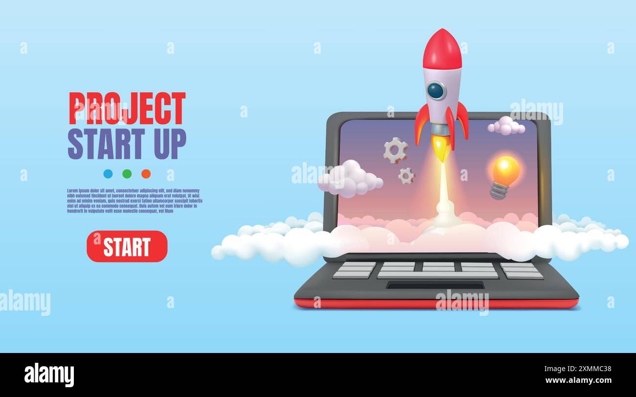 notebook 3d. Lancio di Rocket sullo schermo, banner di avvio di una startup aziendale per progetto creativo, modello di progettazione Web. Attività di startup. Idea e innovazione Illustrazione Vettoriale