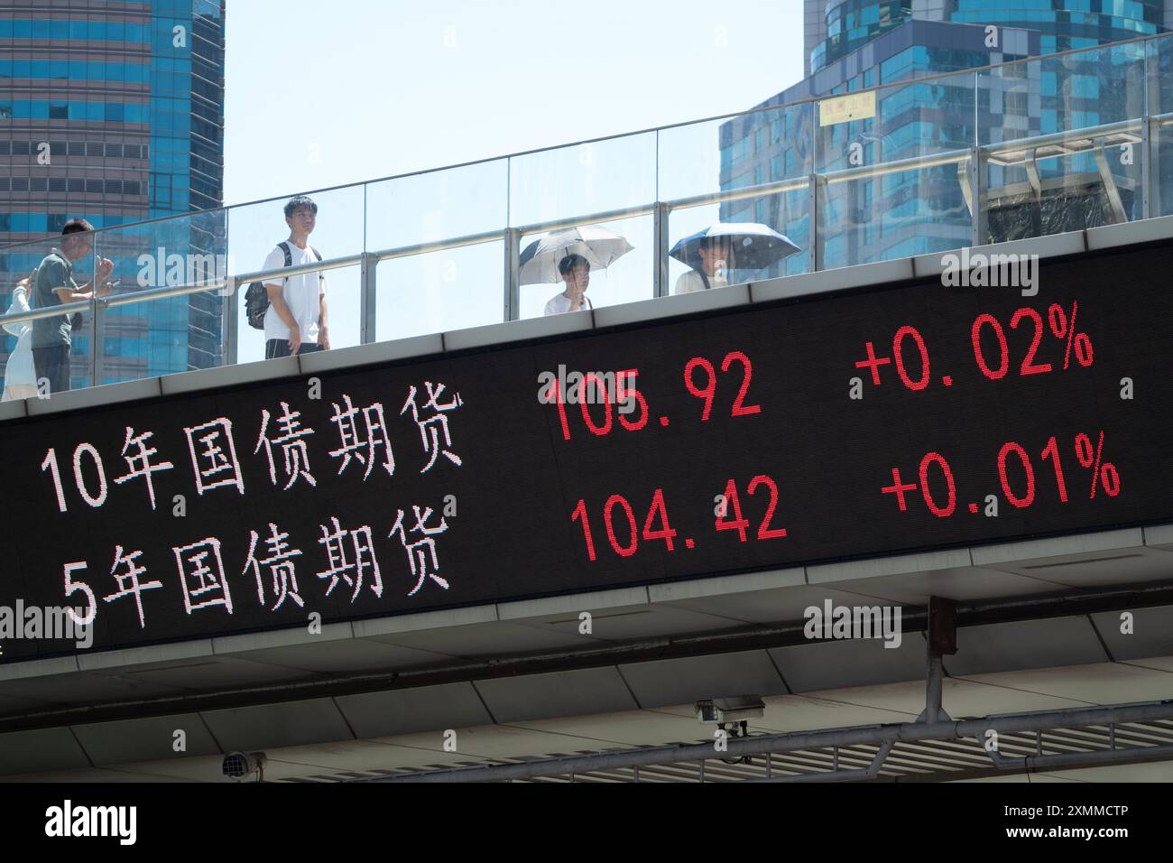 SHANGHAI, CINA - 29 LUGLIO 2024 - gli indici futures sui titoli del Tesoro a dieci e cinque anni sono visualizzati su un grande schermo presso il cavalcavia di Lujiazui Stree Foto Stock