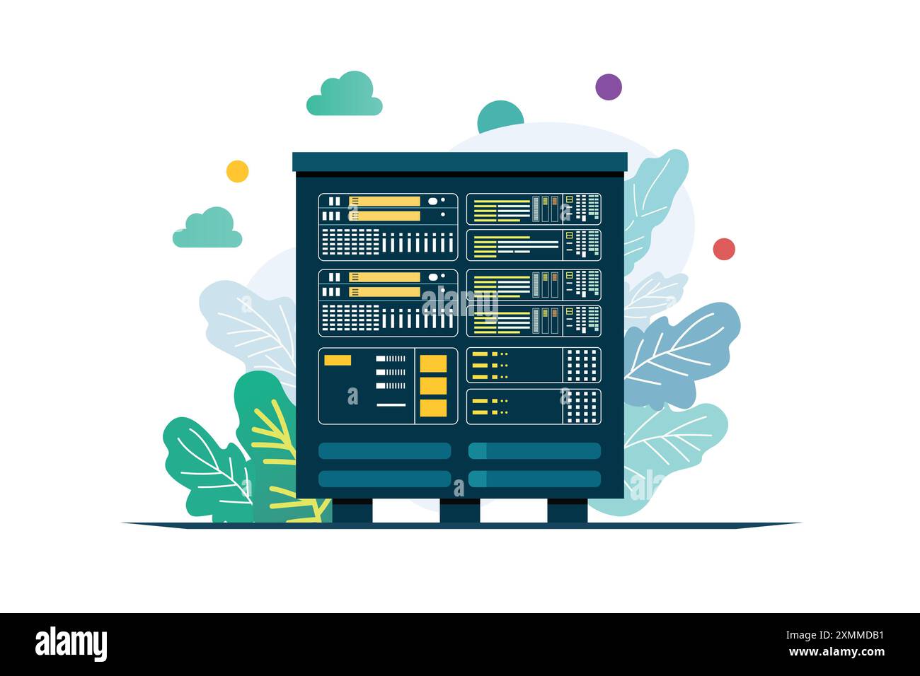 Rack server di grandi dimensioni con sfondo a foglia. memorizzazione dei dati. archiviazione su cloud. illustrazione piatta della tecnologia di elaborazione. Illustrazione Vettoriale Rack server di grandi dimensioni con sfondo a foglia. memorizzazione dei dati. archiviazione su cloud. illustrazione piatta della tecnologia di elaborazione. Illustrazione Vettoriale