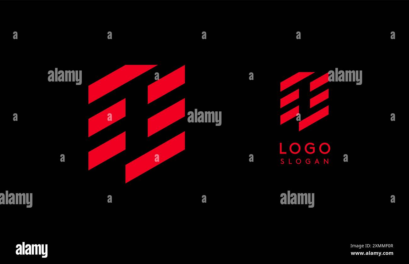 Lettera geometrica Q astratta rossa con linee parallele. Design futuristico a righe per un'azienda innovativa e sportivo minimalista Illustrazione Vettoriale