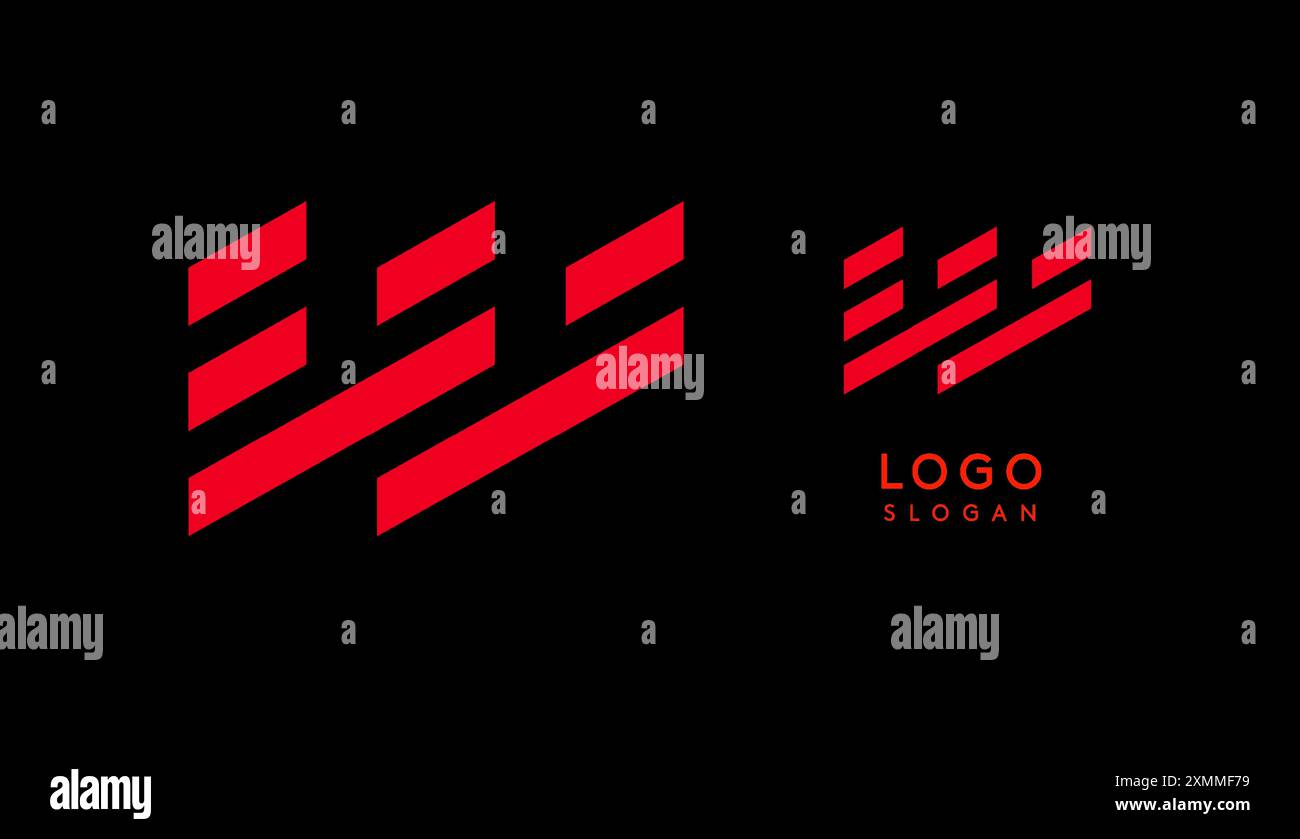 Lettera geometrica rossa astratta W con linee parallele. Design futuristico a righe per un'azienda innovativa e sportivo minimalista Illustrazione Vettoriale