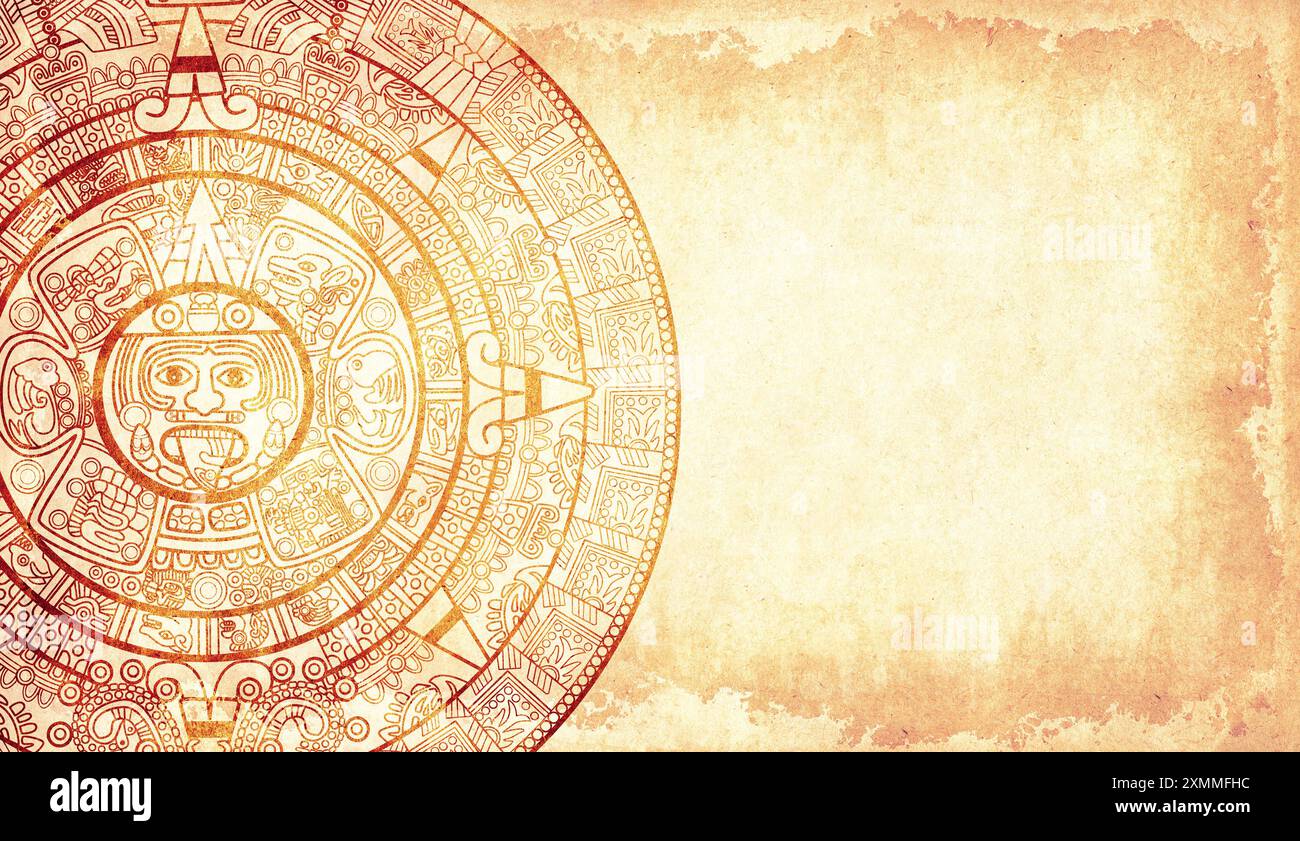Sfondo orizzontale con calendario Maya e trama della carta. Modello di modello. Copia spazio per il testo Foto Stock