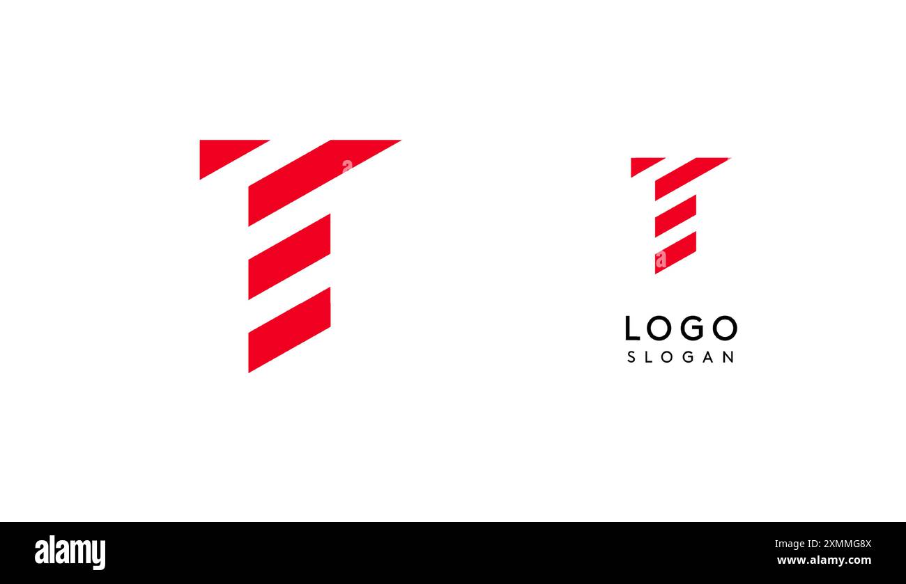 Lettera geometrica T astratta rossa con linee parallele. Design futuristico a righe per un'azienda innovativa e sportivo minimalista Illustrazione Vettoriale