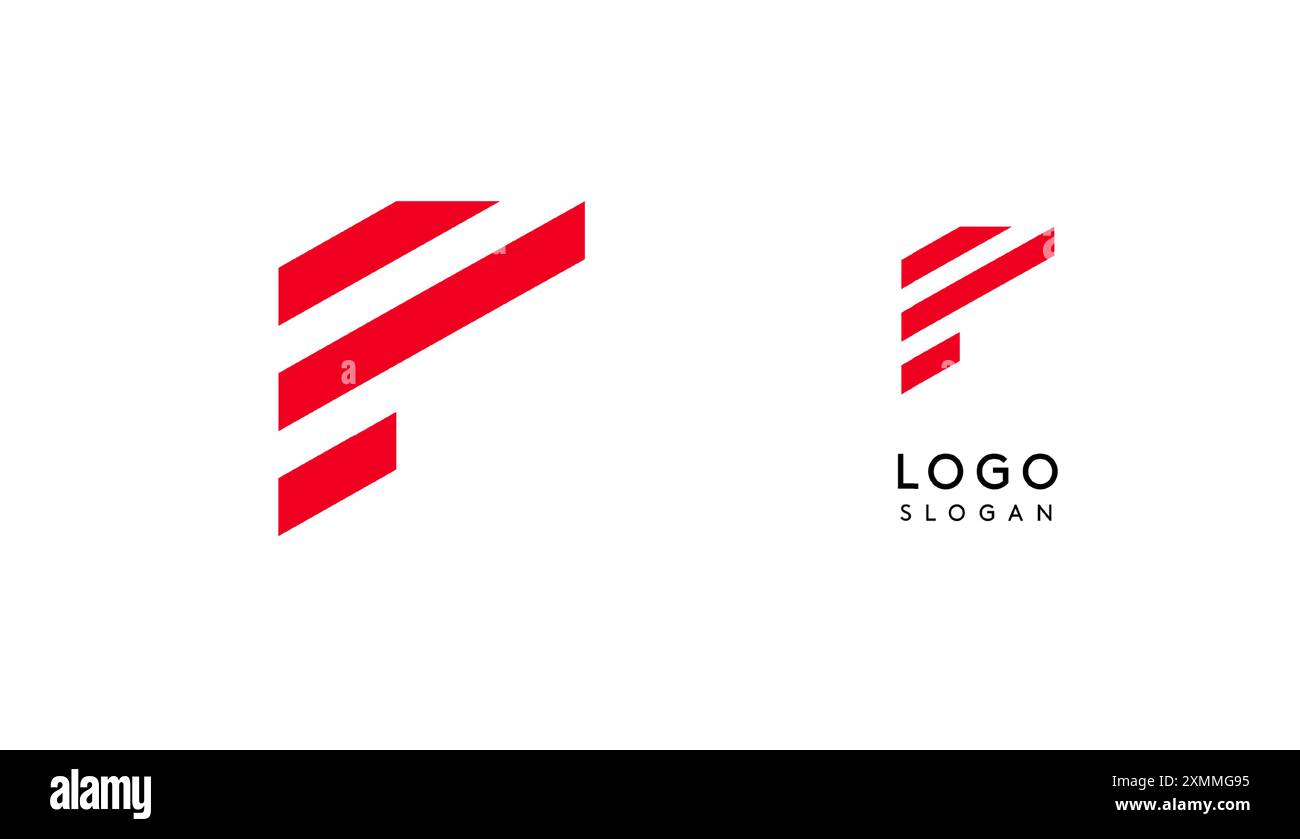 Lettera F geometrica rossa astratta con linee parallele. Design futuristico a righe per un'azienda innovativa e sportivo minimalista Illustrazione Vettoriale