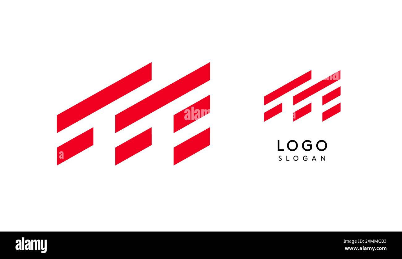 Lettera M geometrica rossa astratta con linee parallele. Design futuristico a righe per un'azienda innovativa e sportivo minimalista Illustrazione Vettoriale