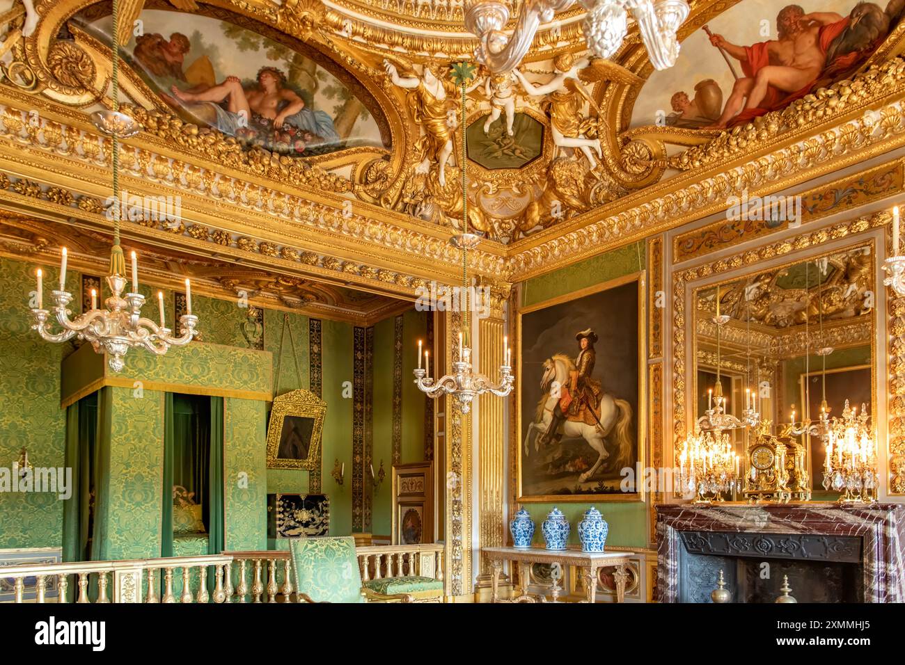 Camera da letto verde, Chateau Vaux le Vicomte, Maincy, Ile-de-France, Francia Foto Stock