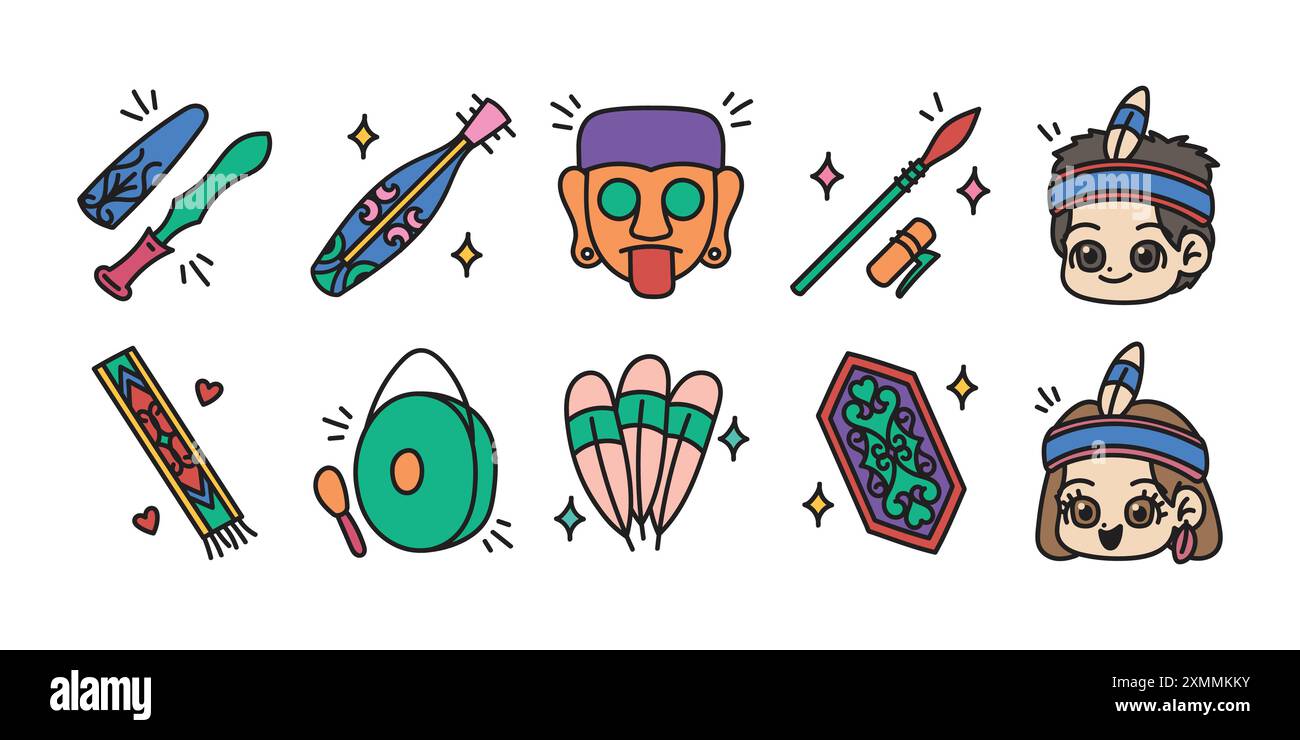 Ciao a tutti, abbelliamo i tuoi progetti aggiungendo la nostra collezione di elementi Dayak Doodle Set Illustrazione Vettoriale