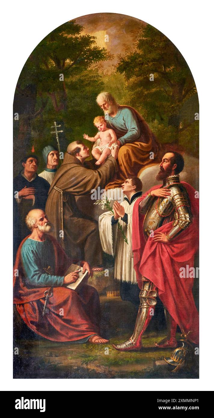 San Giuseppe col bambino con S. Pietro, S. Lorenzo Giustiniani, S. Vincenzo, S. Luigi, S. Antonio da Padova e S. Osvaldo - olio su tela - Lattanzio Qu Foto Stock