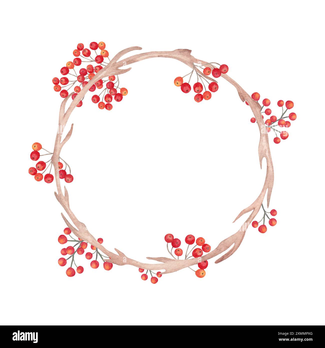 Struttura rotonda in legno con frutti di bosco di rowan. Illustrazione acquerello botanico. Corona autunnale fatta di rami d'albero con consistenza e frutta. Disegnato a mano Foto Stock