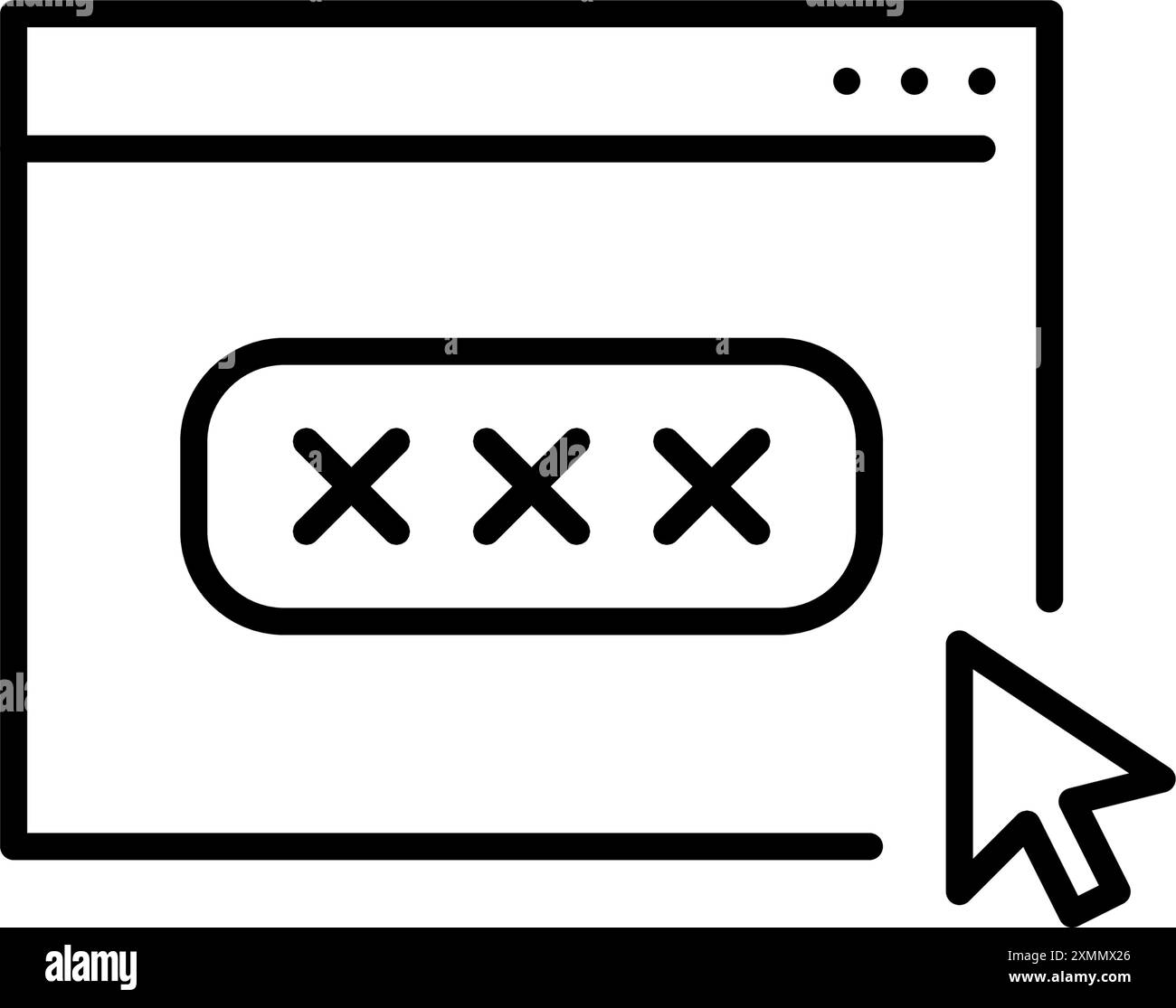 Pagina Web, password coperta da asterischi nella casella di immissione e clic del mouse. Accesso Web sicuro, pagina di accesso utente. Icona del vettore pixel Perfect Illustrazione Vettoriale