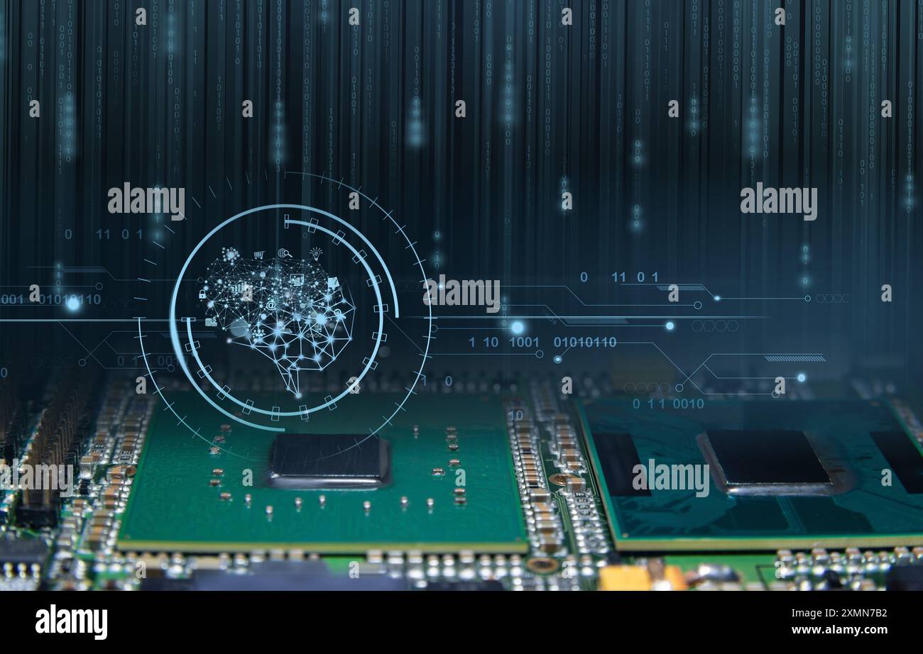 Concetto di intelligenza artificiale con microchip e sovrapposizione digitale del cervello. Rappresenta ai, tecnologia, innovazione e apprendimento automatico. Foto Stock