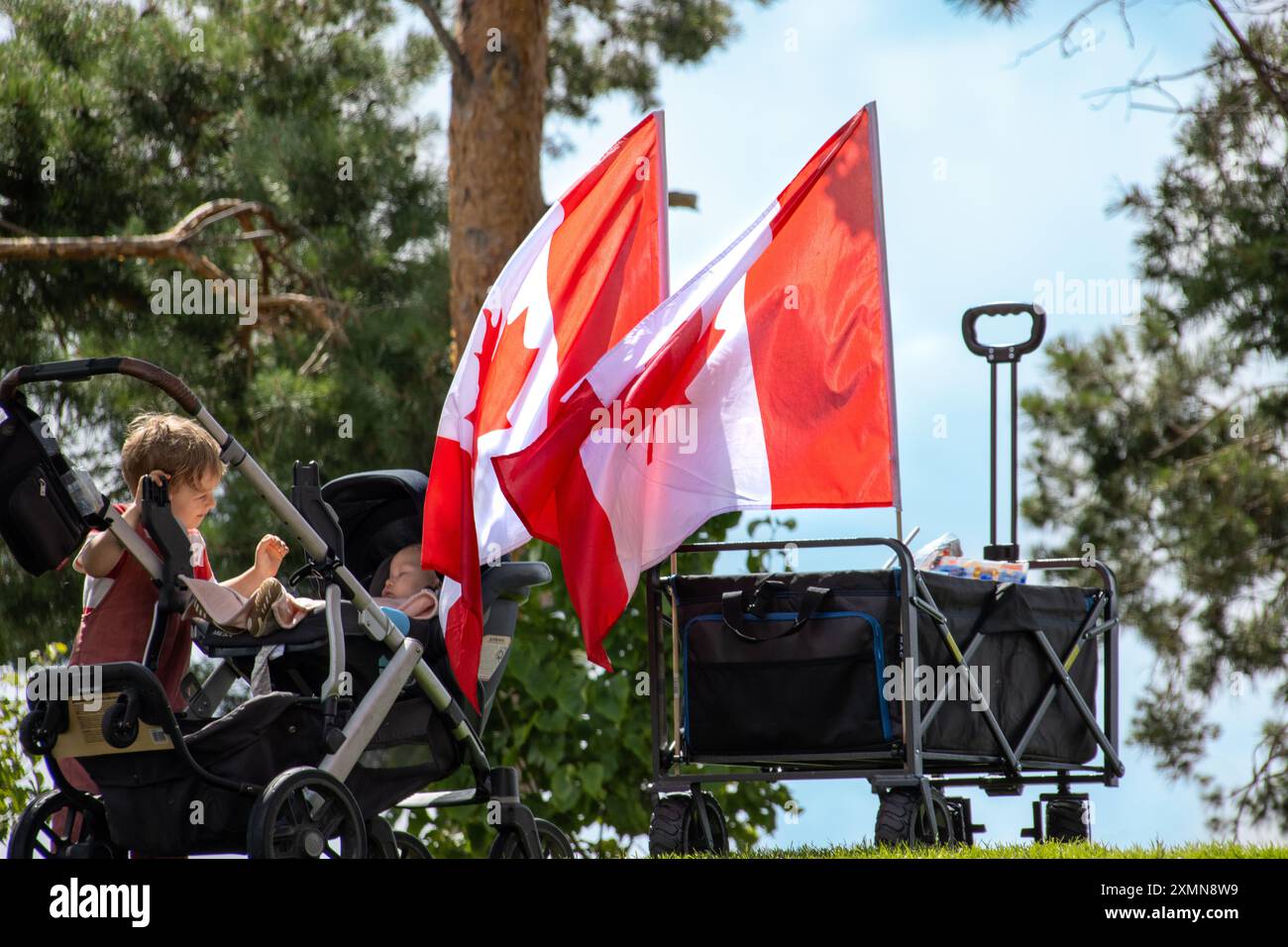 Due bambini con bandiere canadesi su un passeggino e un carrello all'aperto Foto Stock