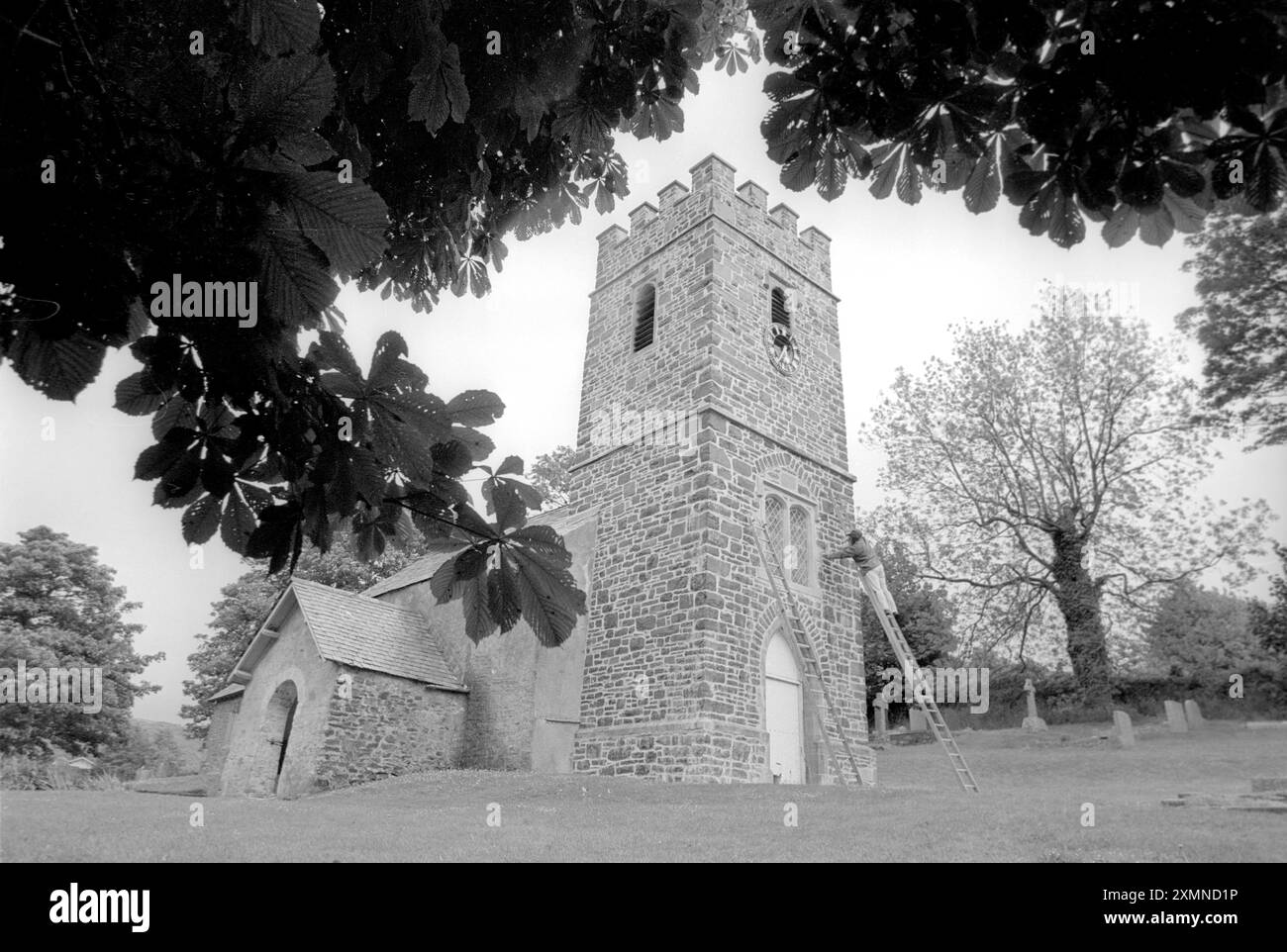 Stonemason , Jenny Cox , 28 , di Wells , Somerset , uno dei pochi scalpellini femminili in Gran Bretagna , mette il tocco finale ad una finestra di sette piedi che ha scolpito per la famosa chiesa di Oare , su Exmoor , dove Lorna Doone è stata uccisa il giorno del suo matrimonio. La finestra , nella torre della chiesa , sostituisce quella gravemente danneggiata nelle tempeste invernali. 14 giugno 1991 foto di Roger Bamber Foto Stock