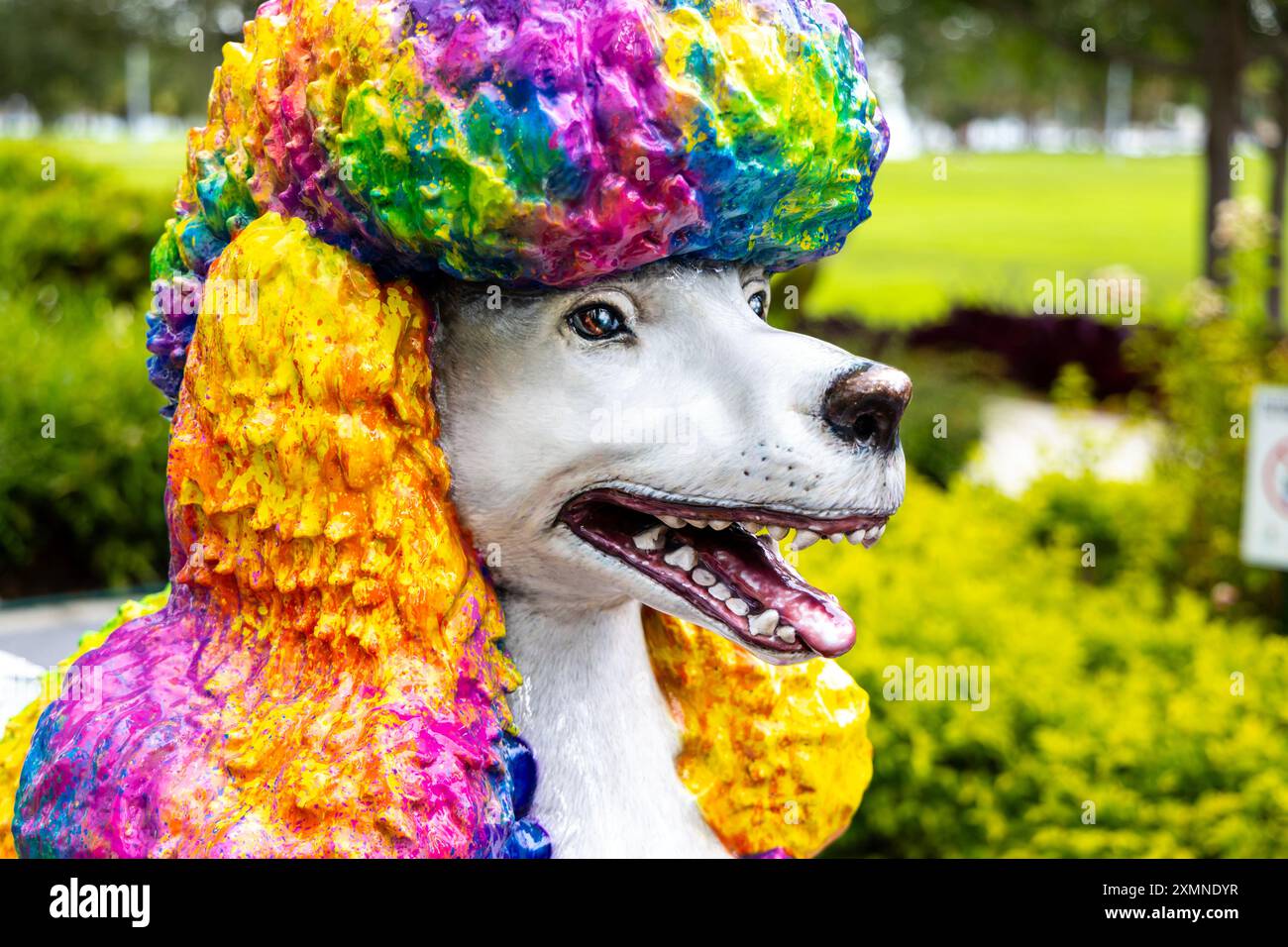 Coloratissimo barboncino dell'artista Tomas Florez, Dogs and Cats Walkway e Sculpture Gardens, Maurice A Ferre Park, Miami, Florida, Stati Uniti Foto Stock