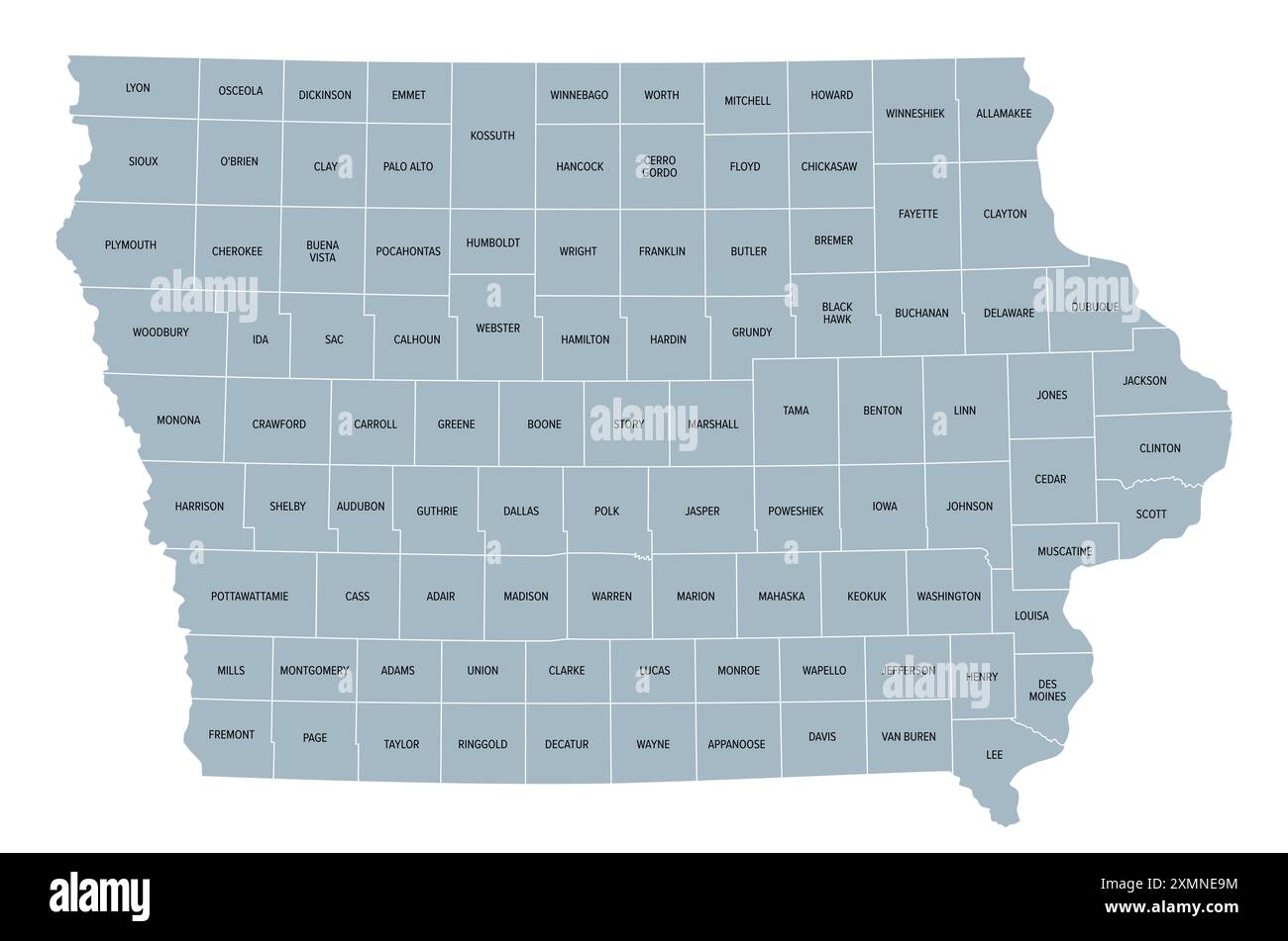 Contee dell'Iowa, mappa politica grigia con i confini e i nomi delle contee. Stato senza sbocco sul mare nella regione Midwest degli Stati Uniti. Foto Stock