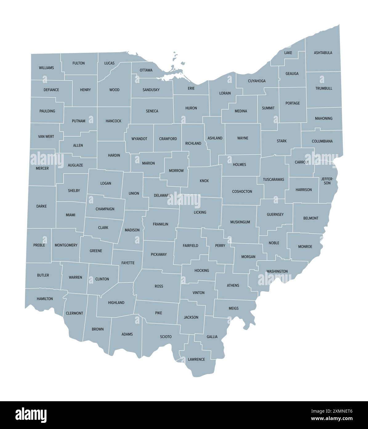 Le contee dell'Ohio, mappa politica grigia con i confini e i nomi delle contee. Stato nella regione Midwest degli Stati Uniti, suddiviso in 88 contee. Foto Stock