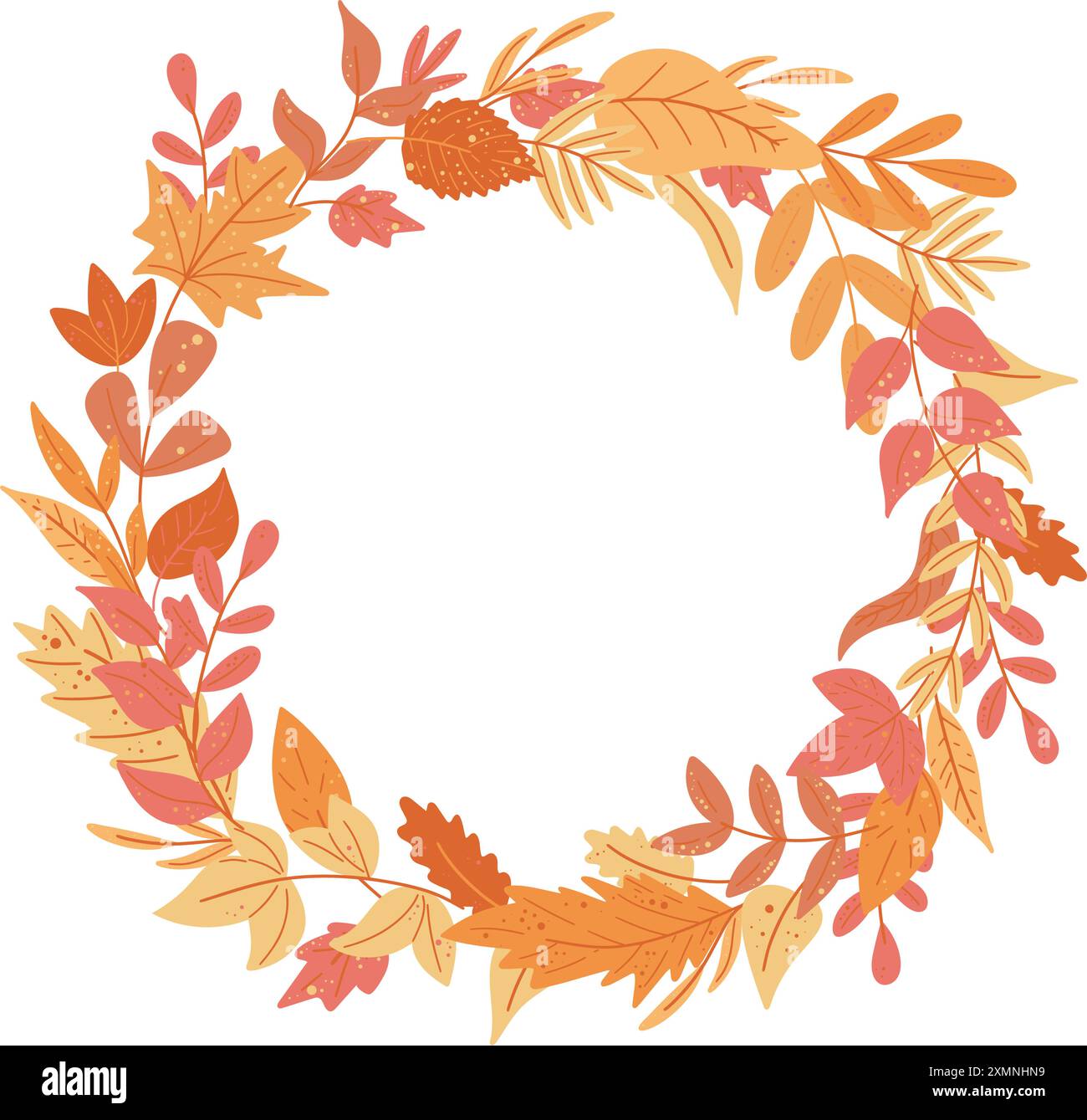 Corona di foglie autunnali con spazio per copie. La caduta dell'arancio lascia il cappellino. Cornice arrotondata per invito, pubblicità, vendita e altri design, vettore Illustrazione Vettoriale