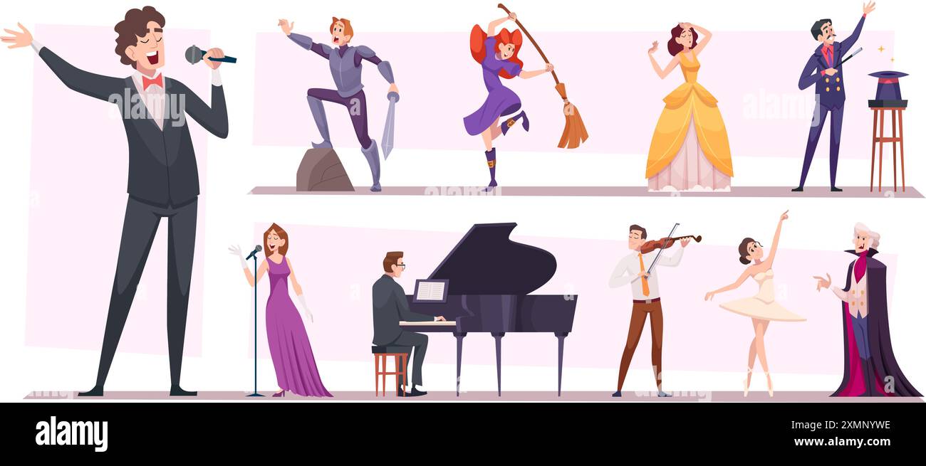 Personaggi creativi, musicisti cantanti e attori. Musicisti band sul palco ballerini spettacoli di balletto sul palco modello vettoriale esatto in stile cartoni animati Illustrazione Vettoriale