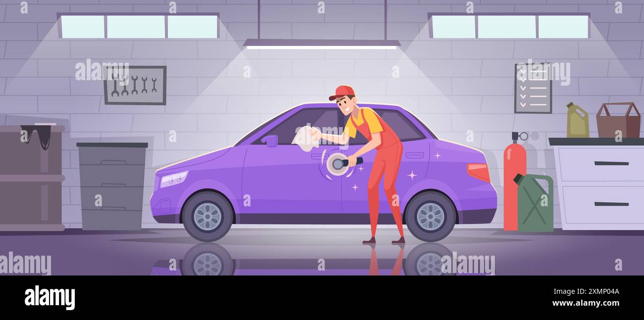 Garage. Servizio di riparazione auto con lo sfondo esatto dei cartoni animati vettoriali Illustrazione Vettoriale