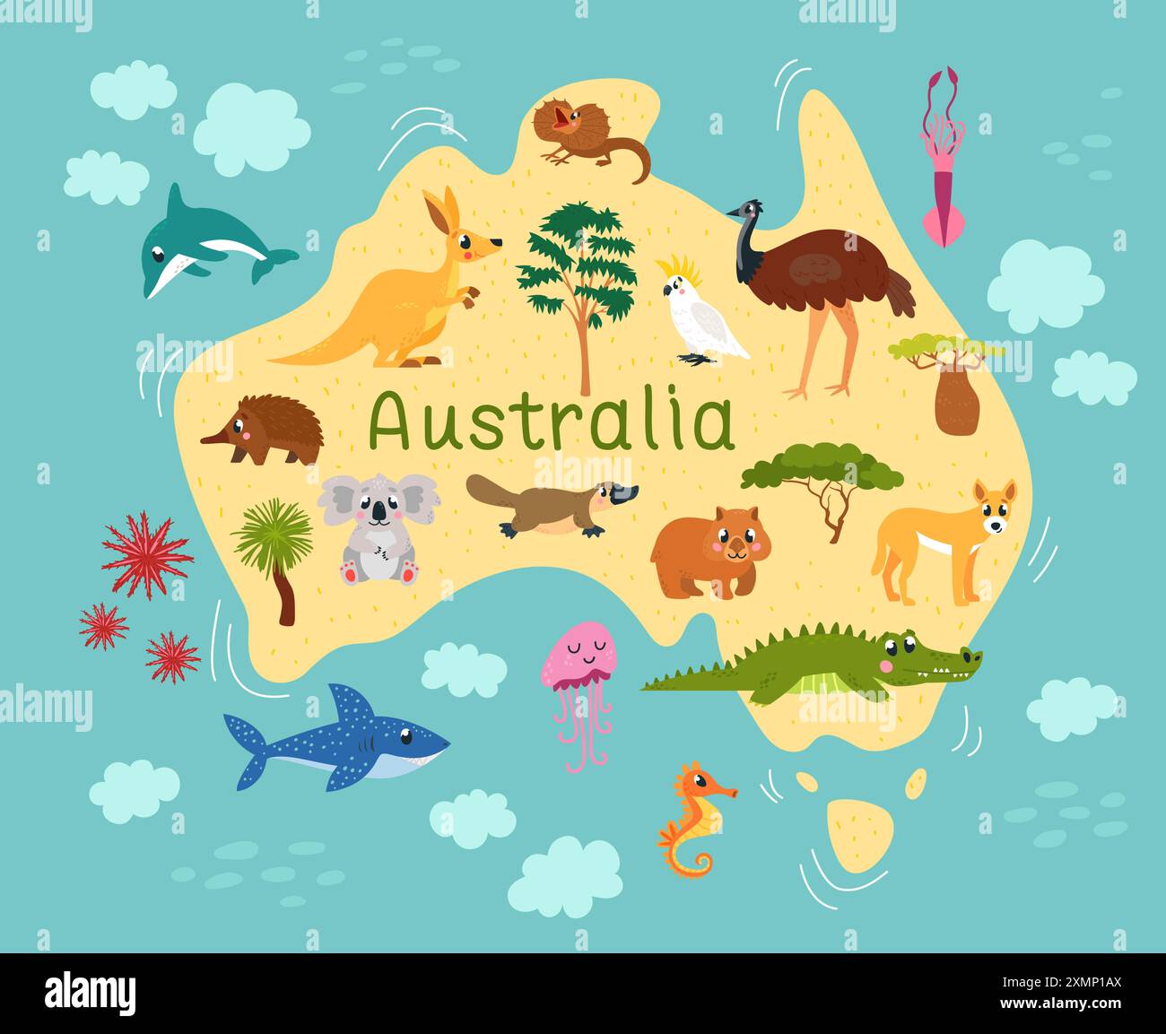 Mappa degli animali australiani. Fauna australiana, oceano, animali selvatici e uccelli. Poster per bambini con continente, mammiferi e vita subacquea, vettoriale di classe Illustrazione Vettoriale