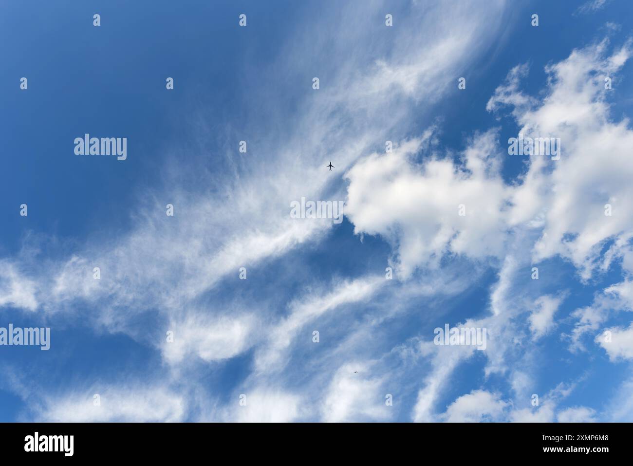 Forme astratte formate da nuvole di Cirro contro un cielo blu Foto Stock