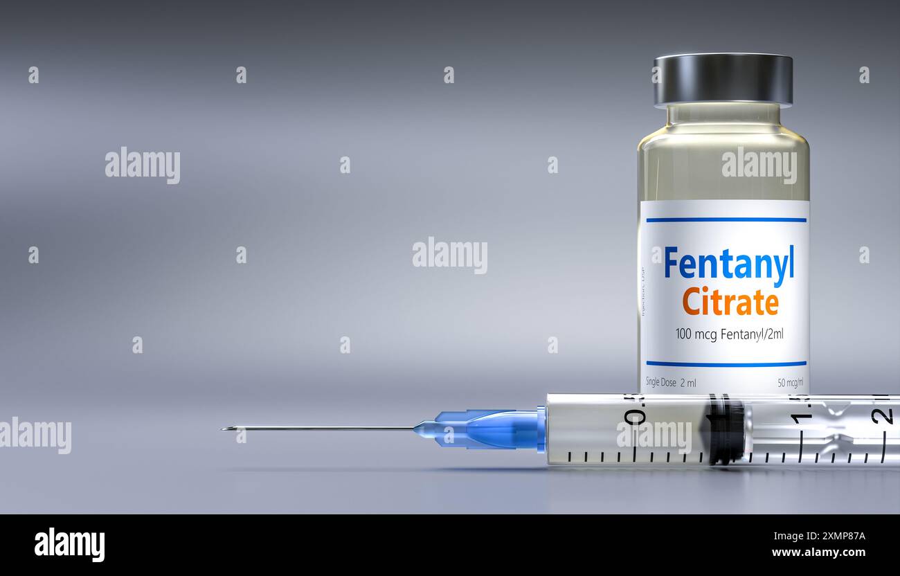 Flaconcino di siringa fentanil citrato, evidenziando i pericoli di un potente oppioide. rendering 3d. Foto Stock