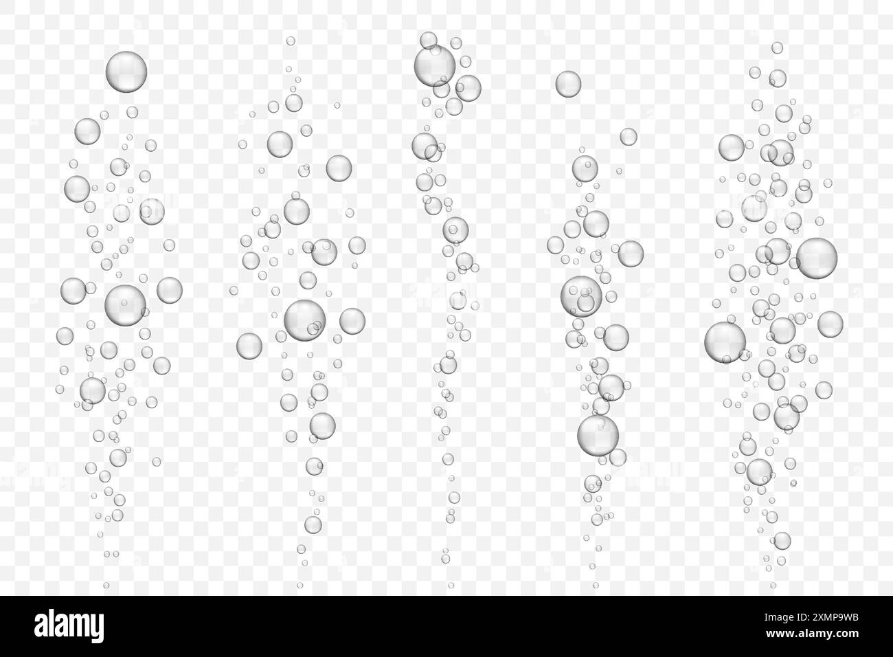 Set vettoriale di flusso di bolle d'aria sott'acqua isolato su sfondo chiaro. Bollicine frizzanti in acquario, champagne o bevanda effervescente. 3d trasparente re Illustrazione Vettoriale