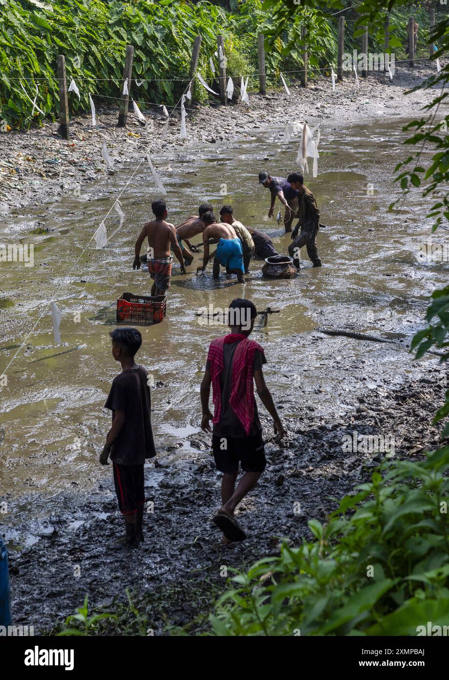 Ragazzi del Bangladesh alla ricerca di pesci in un fiume fangoso, Divisione di Dacca, Sonargaon, Bangladesh Foto Stock