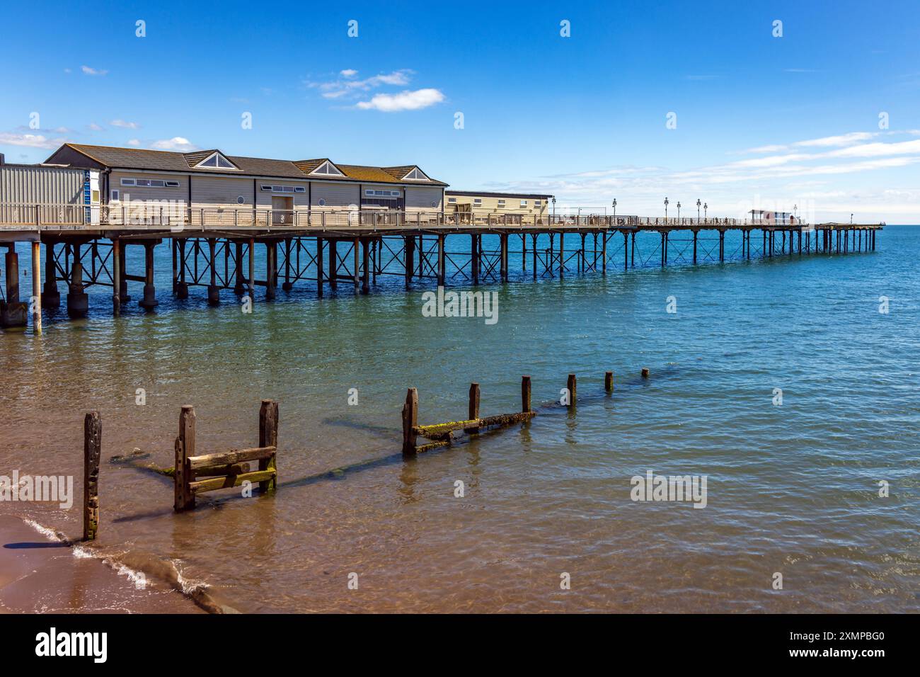 Groynes e il molo vittoriano parzialmente in disuso a Teignmouth nel Devon meridionale, in Inghilterra. Foto Stock