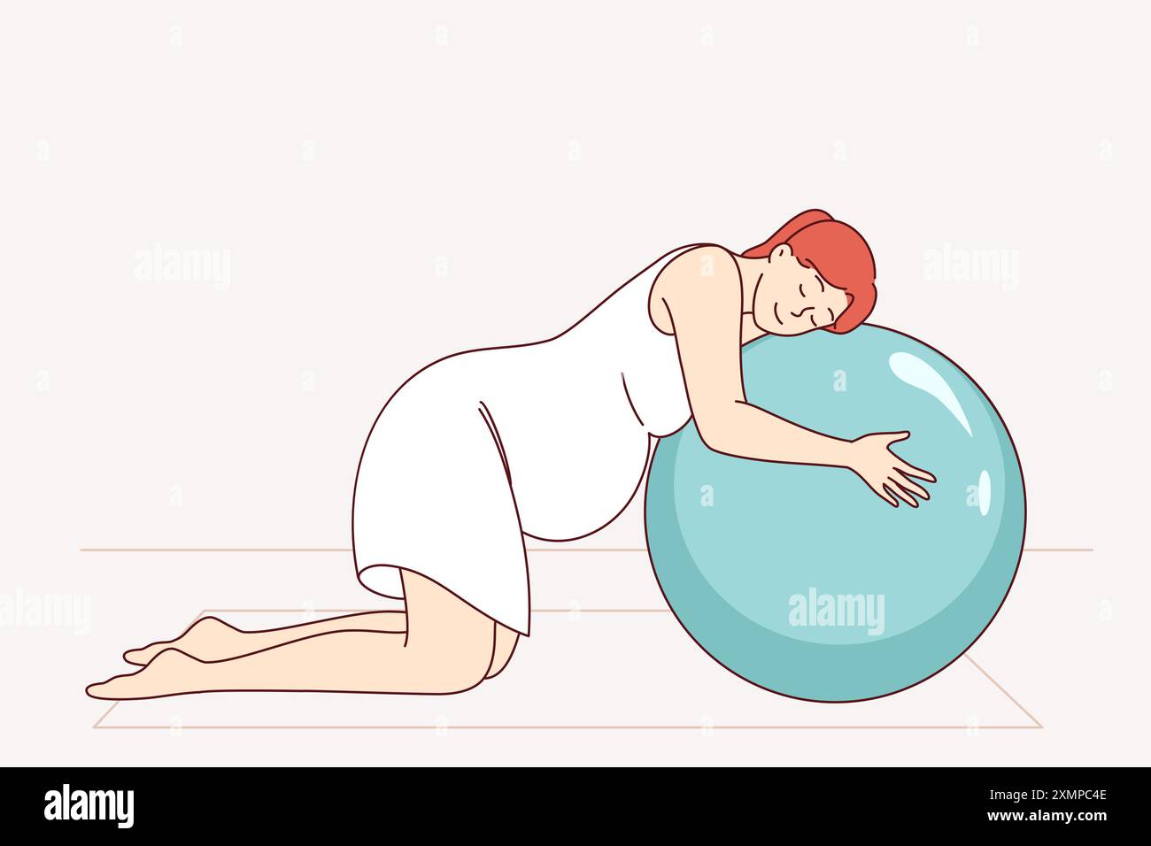 Donna incinta che fa pilates su tappetini fitness e si appoggia alla palla gonfiabile. Prepararsi per il parto per la ragazza incinta che si preoccupa di salute e prende misure preventive per combattere le difficoltà Illustrazione Vettoriale