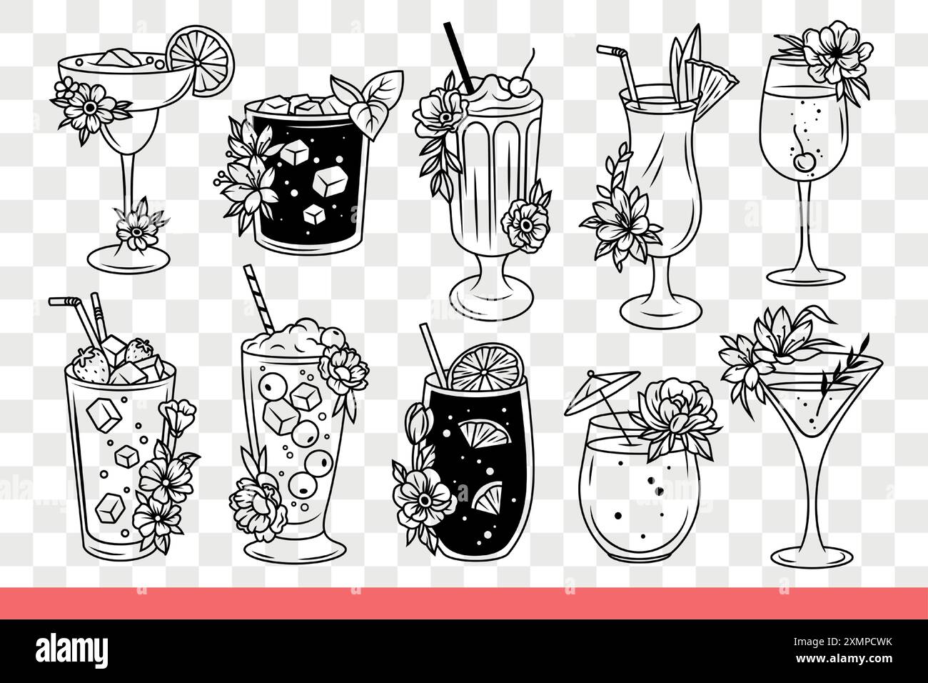 Cocktail freddi con ghiaccio in bicchieri diversi dal nightclub o dal bar sulla spiaggia per i turisti. I bicchieri con un delizioso cocktail sono decorati con ghiaccio e fette di frutta o foglie di menta. Scarabocchio disegnato a mano Illustrazione Vettoriale