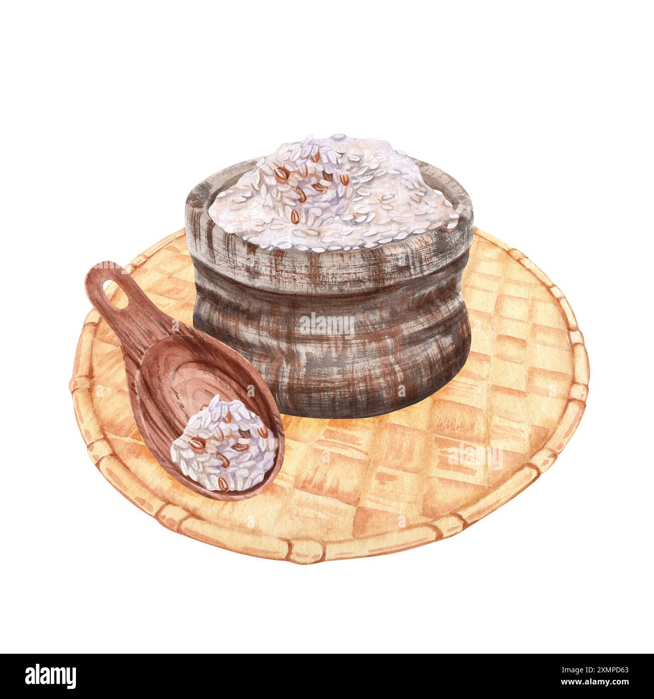 Sacco di chicchi di riso bianco con un cucchiaio di legno su un vassoio tradizionale Illustrazione rustica ad acquerello disegnata a mano isolata dallo sfondo. R Foto Stock