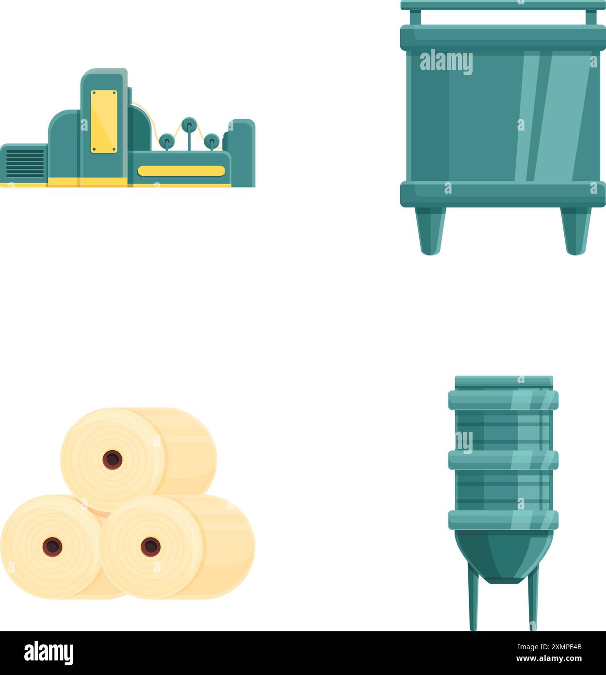 Le icone di creazione della carta impostano il vettore dei cartoni animati. Attrezzature moderne per la produzione di carta. Processo automatizzato Illustrazione Vettoriale