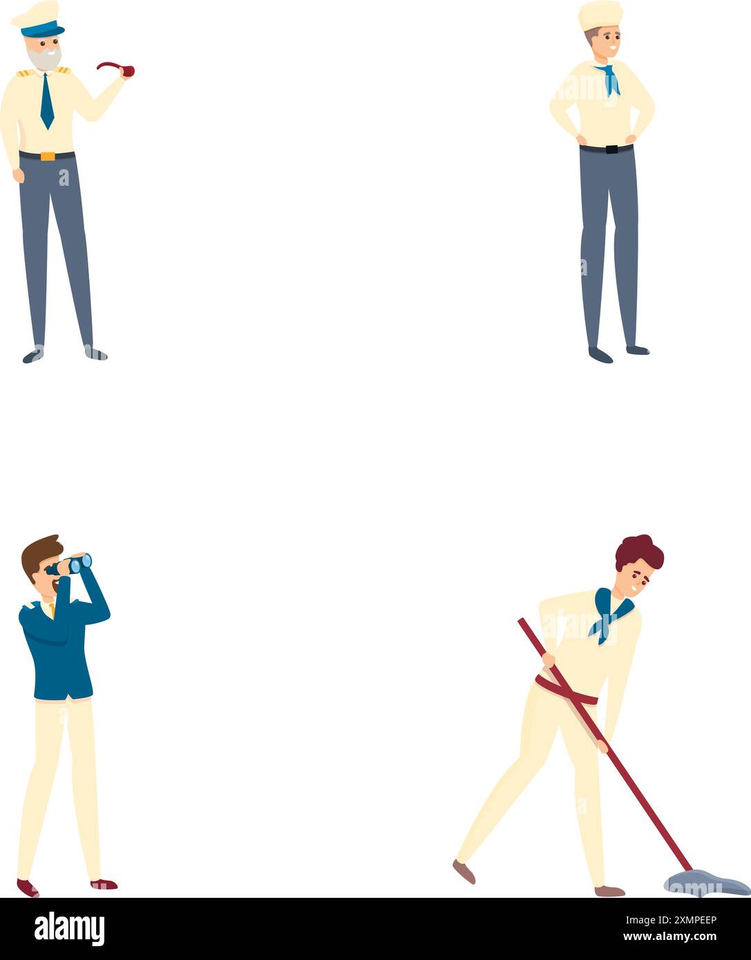 Le icone dell'equipaggio dell'imbarcazione impostano il vettore dei cartoni animati. Personaggio dell'equipaggio di una nave da crociera. Squadra di viaggio sull'oceano Illustrazione Vettoriale