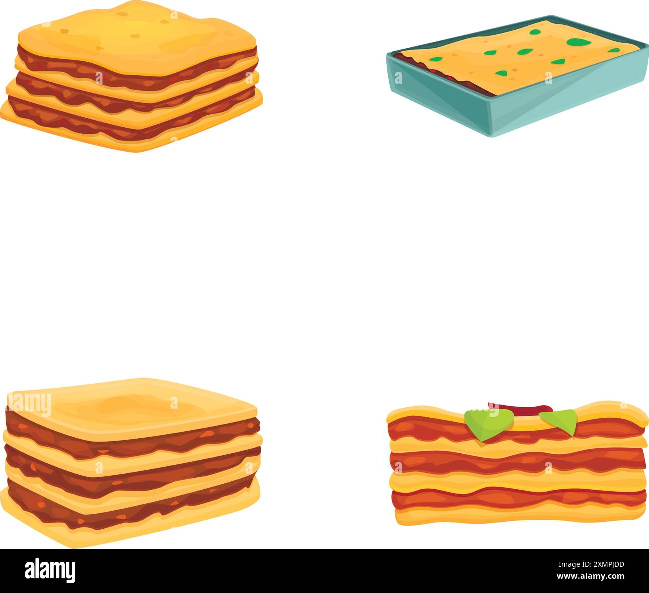 Le icone delle lasagne fatte in casa impostano il vettore dei cartoni animati. Gustoso piatto di carne. Cucina italiana Illustrazione Vettoriale