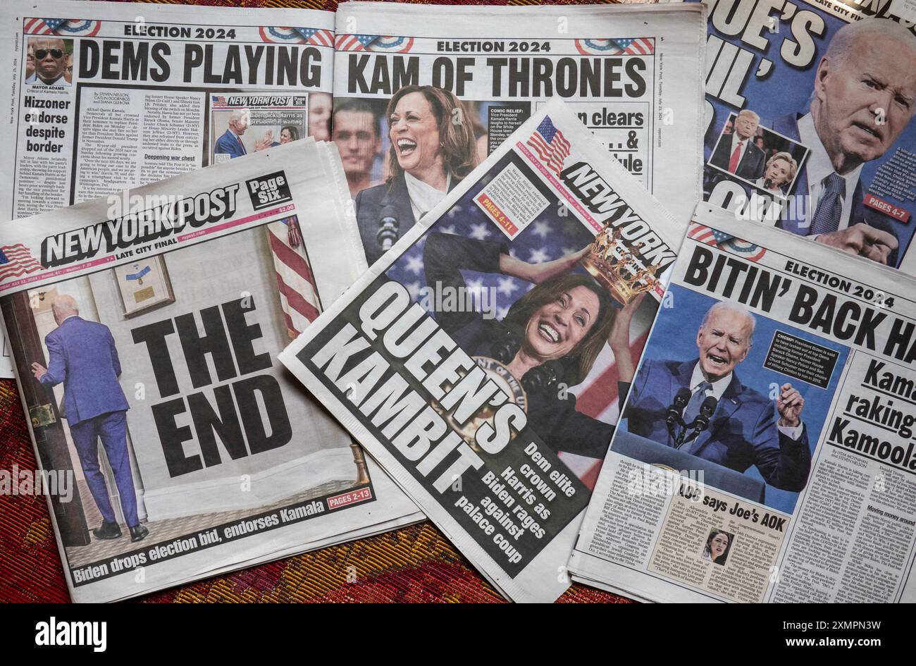 Sensazionali momenti salienti e copertura del ritiro di Biden sul New York Post Newspaper, Stati Uniti, luglio 2024 Foto Stock