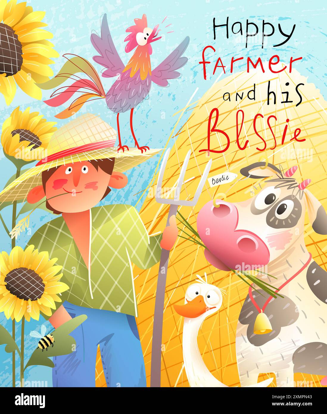 Happy Farmer sul suo Farm Cow Rooster e Haystack Illustrazione Vettoriale