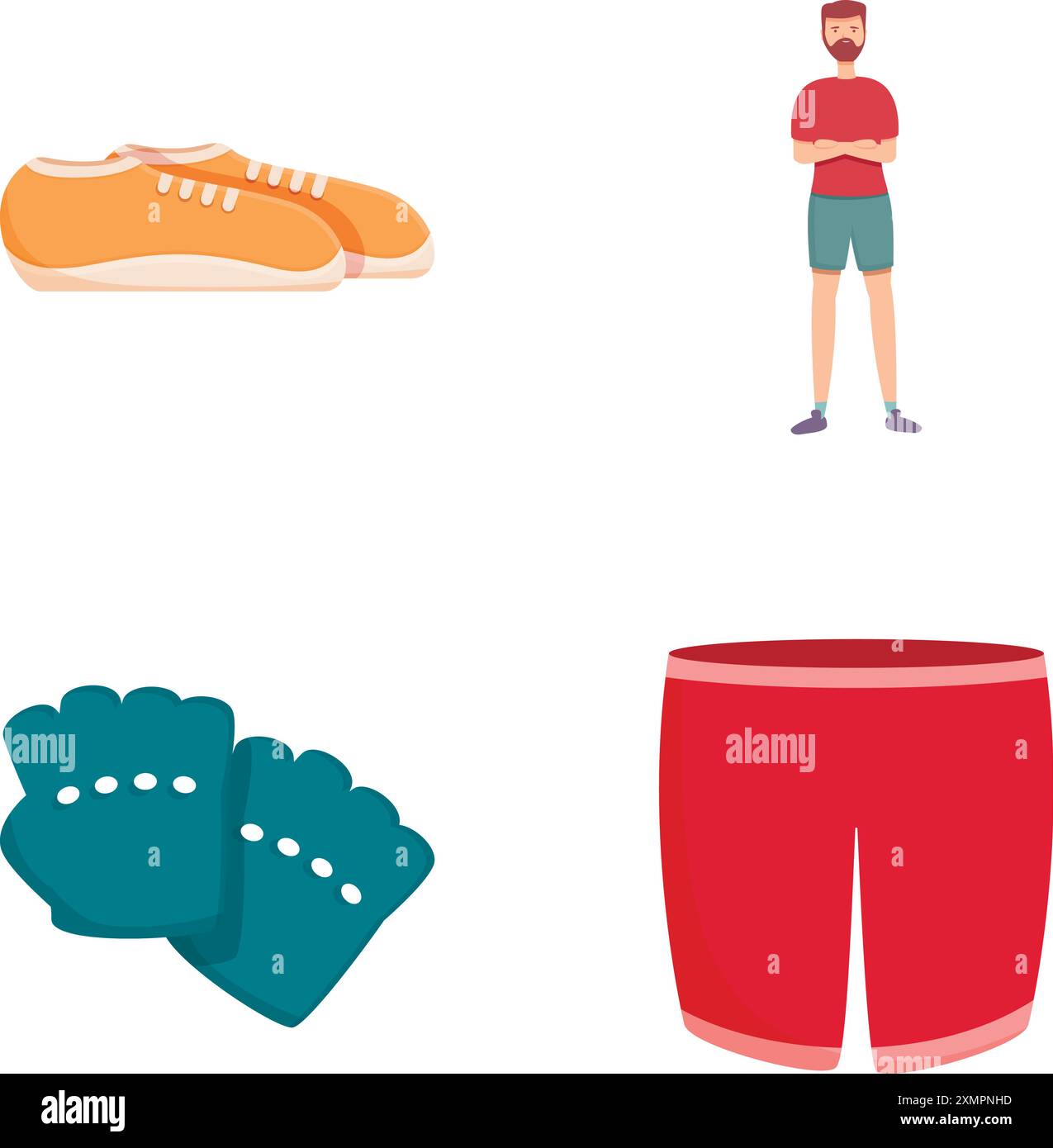 Le icone degli abiti sportivi impostano il vettore dei cartoni animati. Abbigliamento casual da uomo per allenamento fitness. Stile di vita sano Illustrazione Vettoriale