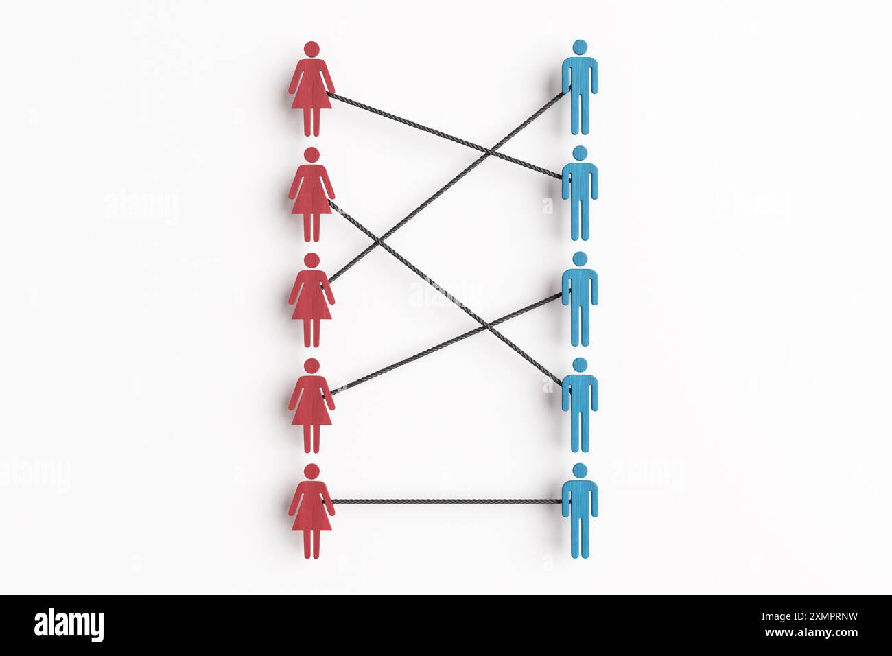 Tavole di legno rosse femminili e blu maschili che si collegano ai generi opposti con corde nere su sfondo bianco. Abbina app e servizi per incontri e incontri Foto Stock
