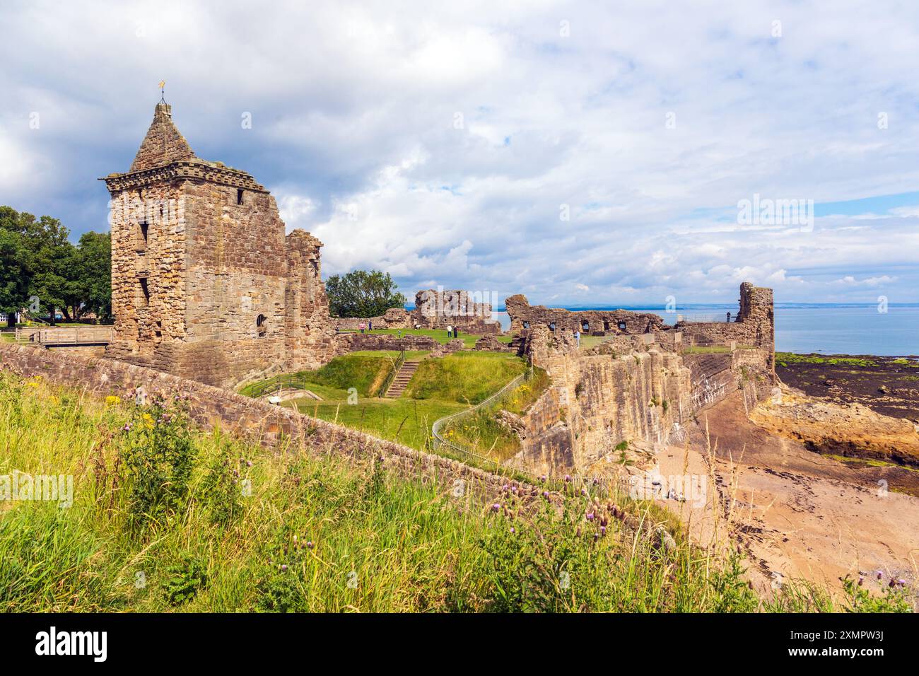 Il castello di St Andrews è una rovina situata nella costa del Royal Burgh di St Andrews a Fife, in Scozia. Il castello sorge su un promontorio roccioso Foto Stock Il castello di St Andrews è una rovina situata nella costa del Royal Burgh di St Andrews a Fife, in Scozia. Il castello sorge su un promontorio roccioso Foto Stock