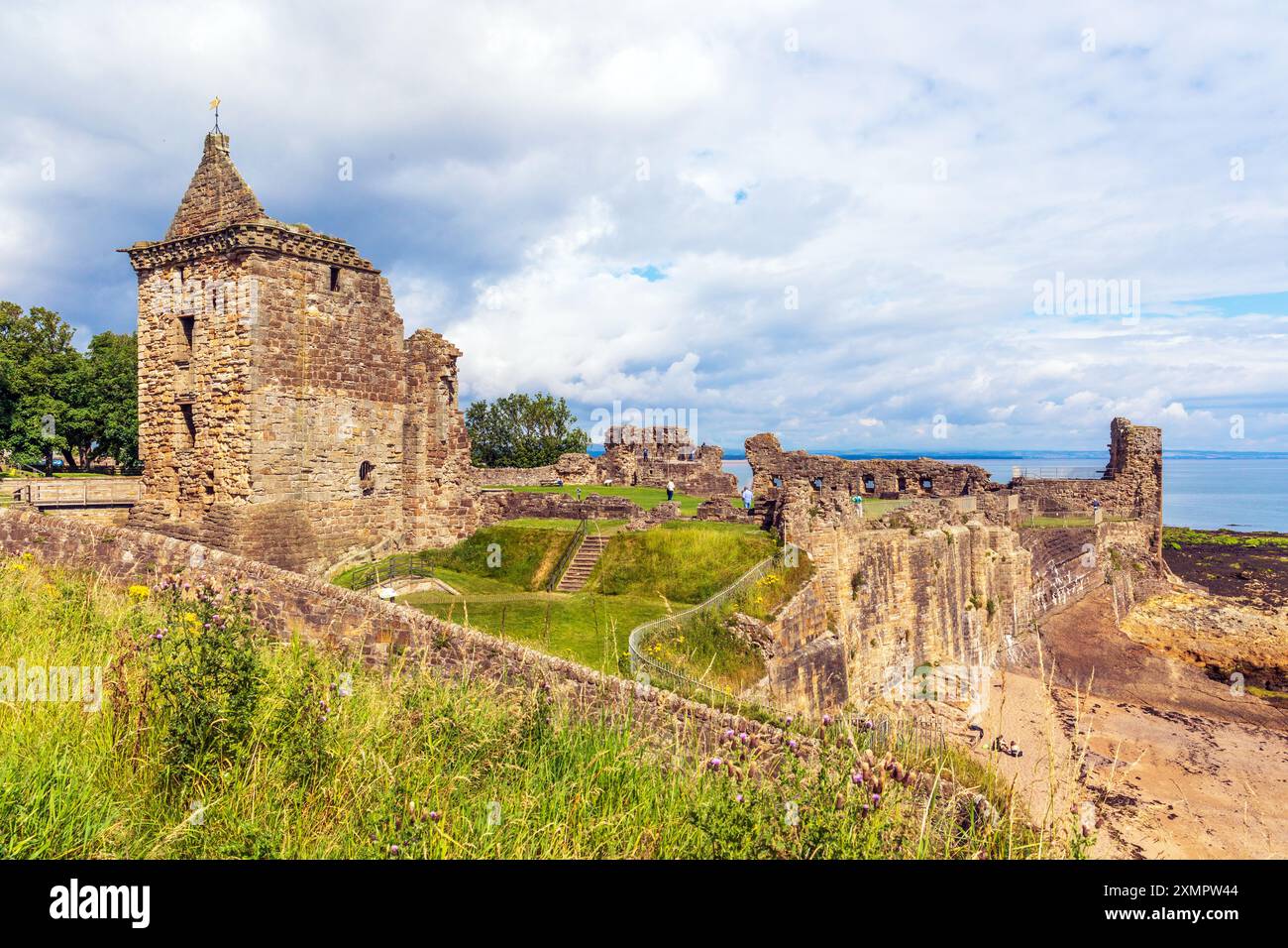 Il castello di St Andrews è una rovina situata nella costa del Royal Burgh di St Andrews a Fife, in Scozia. Il castello sorge su un promontorio roccioso Foto Stock Il castello di St Andrews è una rovina situata nella costa del Royal Burgh di St Andrews a Fife, in Scozia. Il castello sorge su un promontorio roccioso Foto Stock