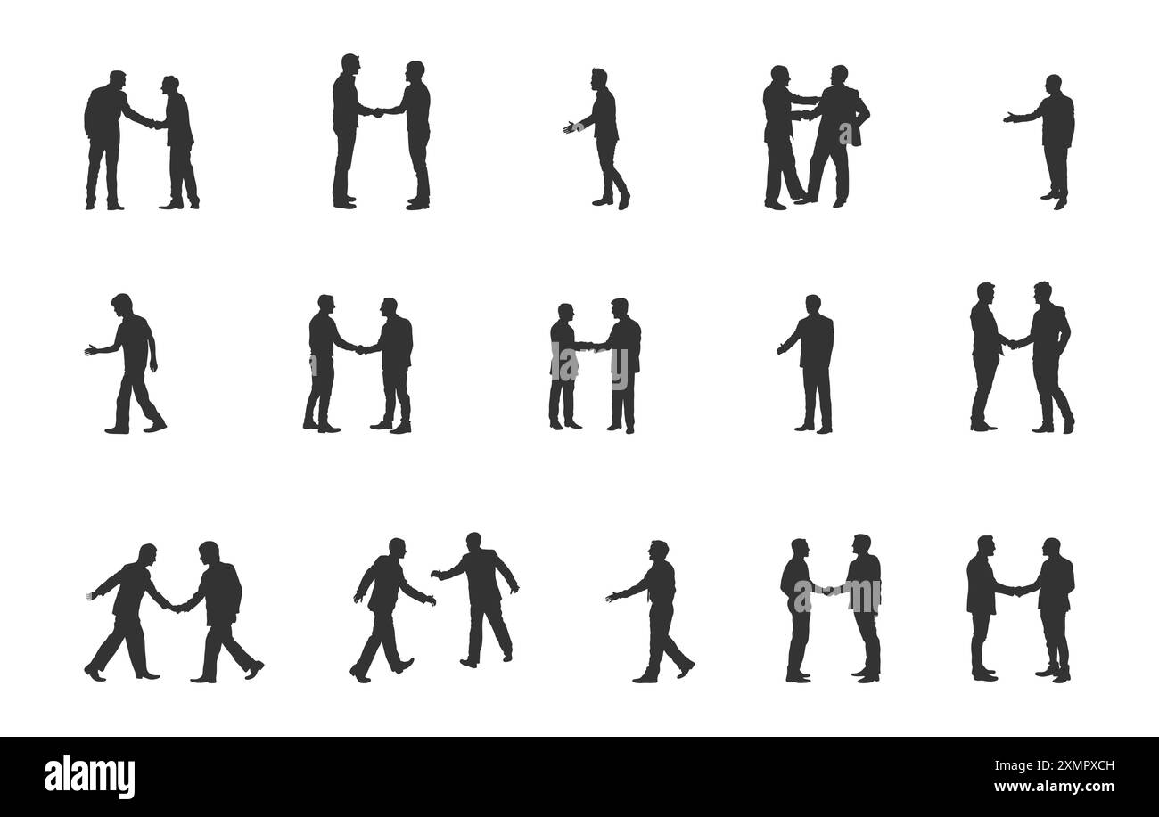 Silhouette handshake, silhouette handshake uomo, silhouette business man handshake, set vettore handshake. Illustrazione Vettoriale