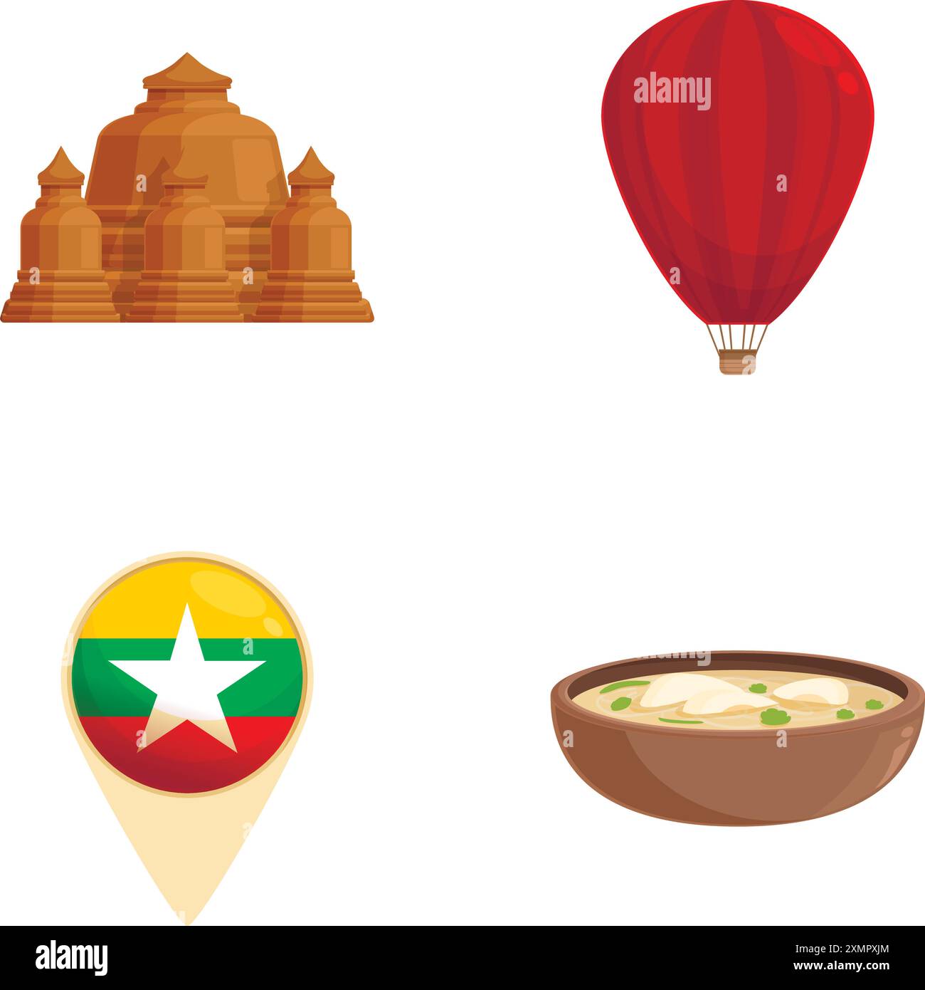 Le icone di viaggio del Myanmar impostano il vettore dei cartoni animati. Repubblica dell'unione di myanmar. Paese del sud-est asiatico Illustrazione Vettoriale