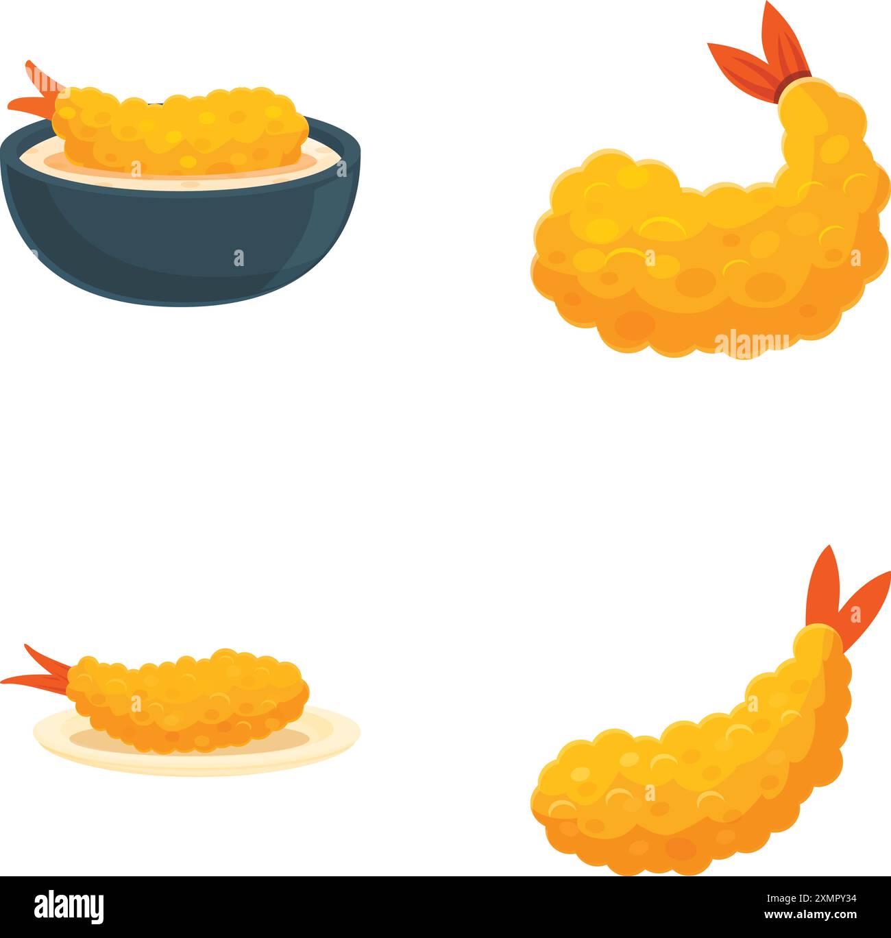 Collezione di tempura di gamberi cartoni animati in diverse presentazioni, isolata su bianco Illustrazione Vettoriale