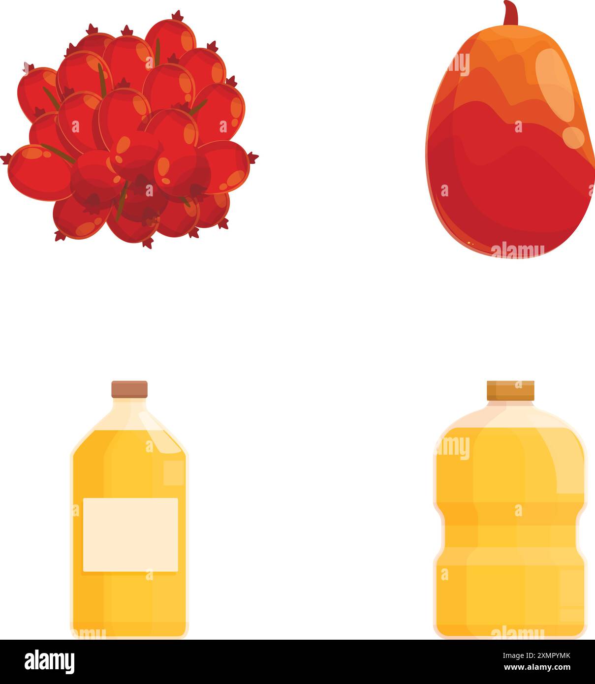 Vivace serie di illustrazioni di frutta tropicale, tra cui grappolo di frutta rossa e mango, con due bottiglie di succo Illustrazione Vettoriale